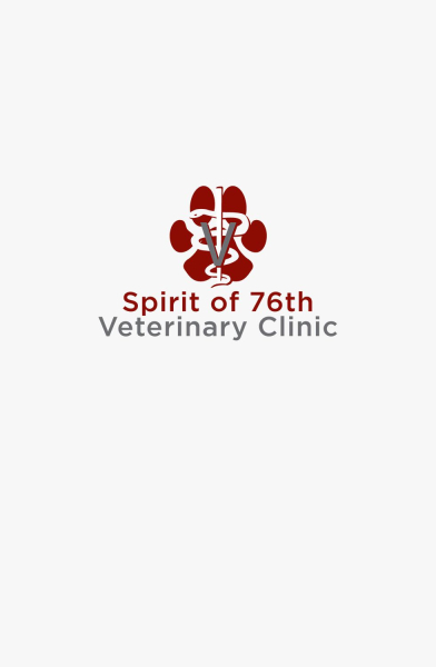 Logo of "Spirit of 76th Veterinary Clinic" featuring a stylized caduceus with animal silhouettes.