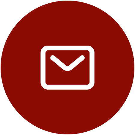 A white envelope on a red circular background.