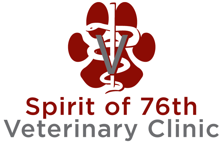 Logo of Spirit of 76th Veterinary Clinic featuring a stylized paw print and medical symbol.