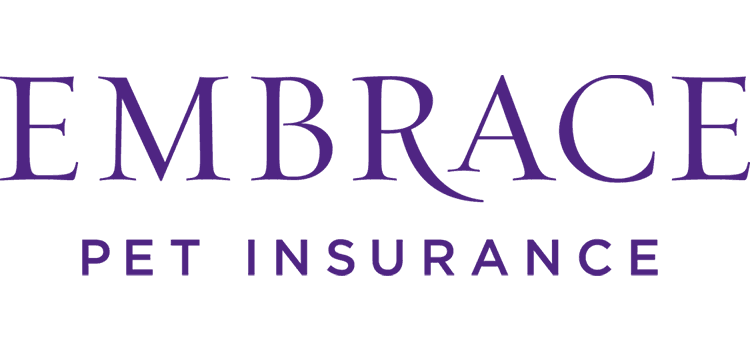 Logo of Embrace Pet Insurance in blue capital letters.